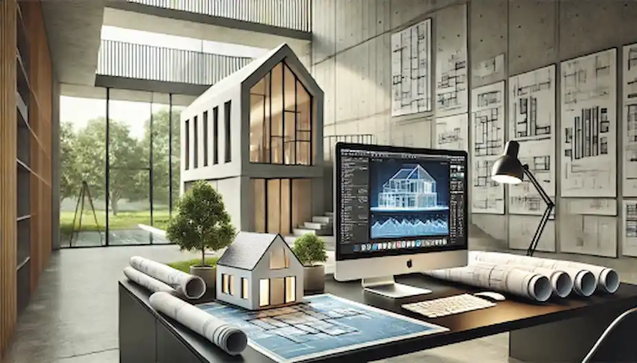 Moderne dansk arkitektkontor med husmodel, blåtryk og computer på elegant skrivebord, relateret til arkitektomkostninger.