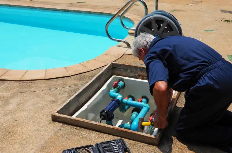 Poolekspert inspicerer pool for huller og lækager.