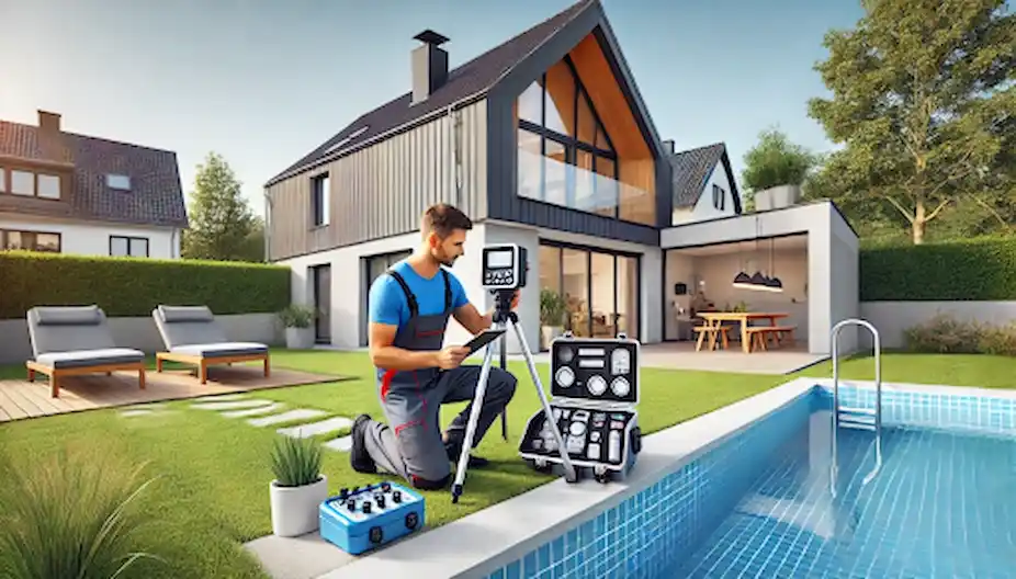 Poolinspektør bruger avanceret udstyr og værktøjer til inspektion af swimmingpool i baghave.
