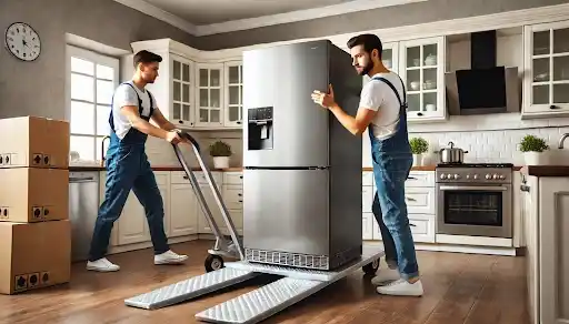 To mænd transporterer et moderne køleskab i et lyst, stilfuldt køkken.