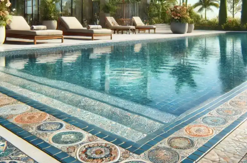 Udendørs swimmingpool med nye høj-kvalitets mosaik- og keramiske fliser, der fremhæver luksuriøst design.