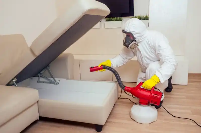 Skadedyrsbekæmper i uniform anvender pesticider under sofa for væggelusbekæmpelse i hjemmet.
