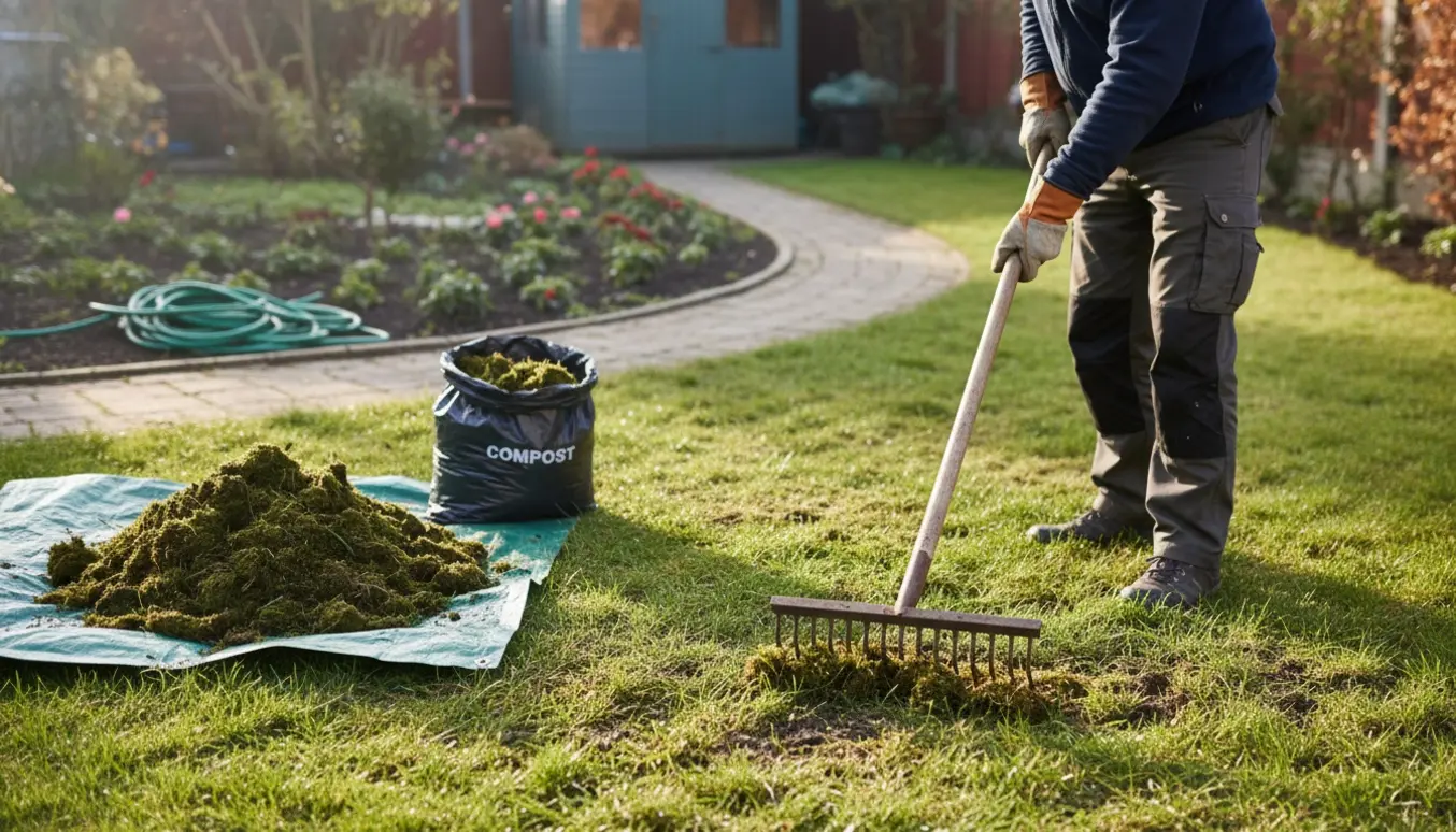 En person fjerner mos fra en lille græsplæne med rive, med bunker af mos og frisk grønt græs i blødt dagslys.