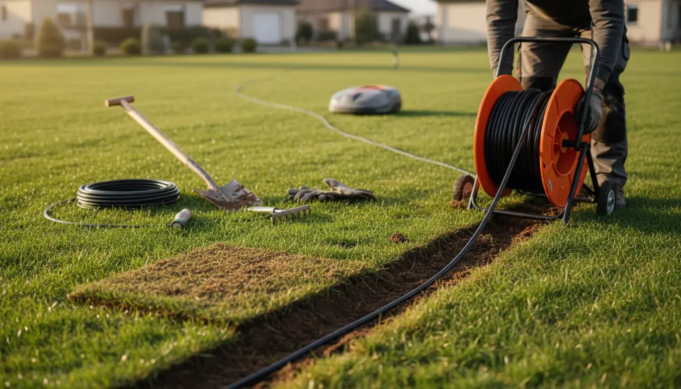 Perimeterkabel til robotplæneklipper bliver lagt i en smal grøft på en flad græsplæne.