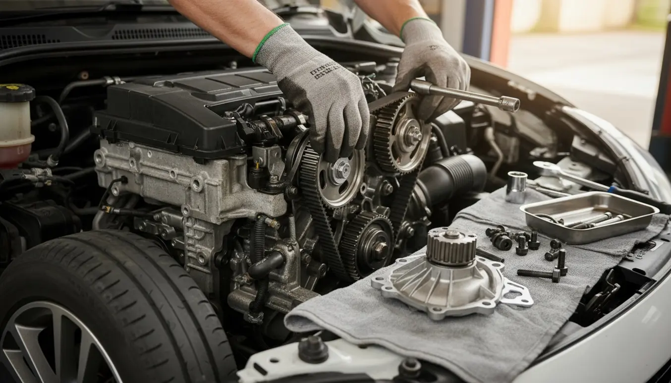 Nærbillede af arbejdshandsker, der skifter tandrem og vandpumpe på en åben bilmotor.