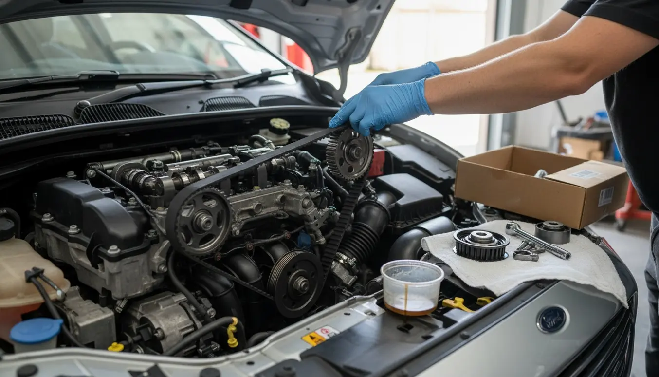 Handskerede hænder monterer ny tandrem i en åbent motorrum på en kompakt 1.0 Ecoboost-motor, med værktøj og reservedele lagt klart ved siden af.