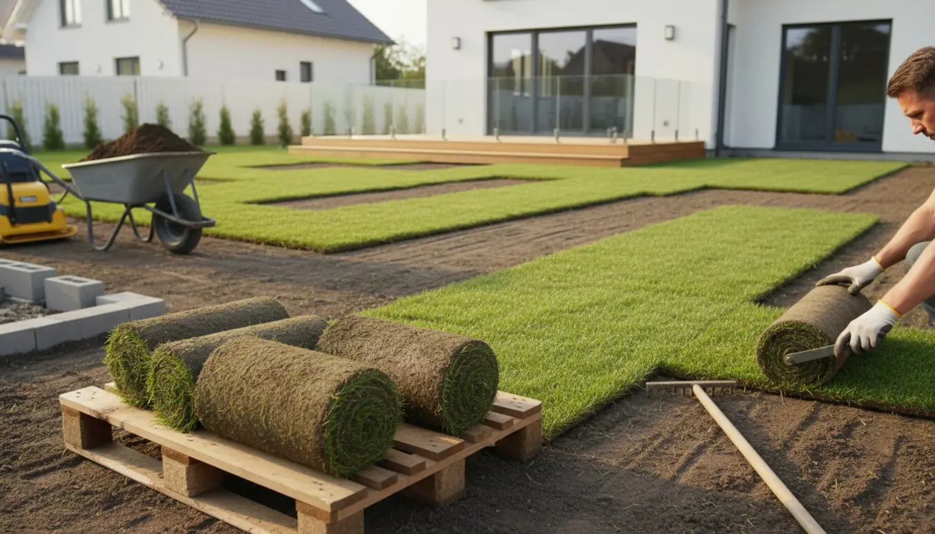 Ny rullegræs lægges ud ved en nyligt anlagt træterrasse med haveredskaber i forgrunden.