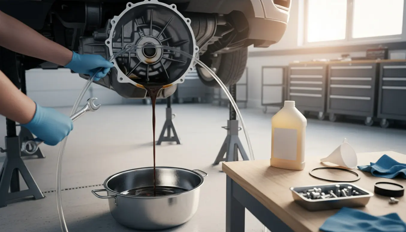 Handskerede hænder dræner gearkasseolie i en bakke under en bil i et lyst, ryddeligt værksted.