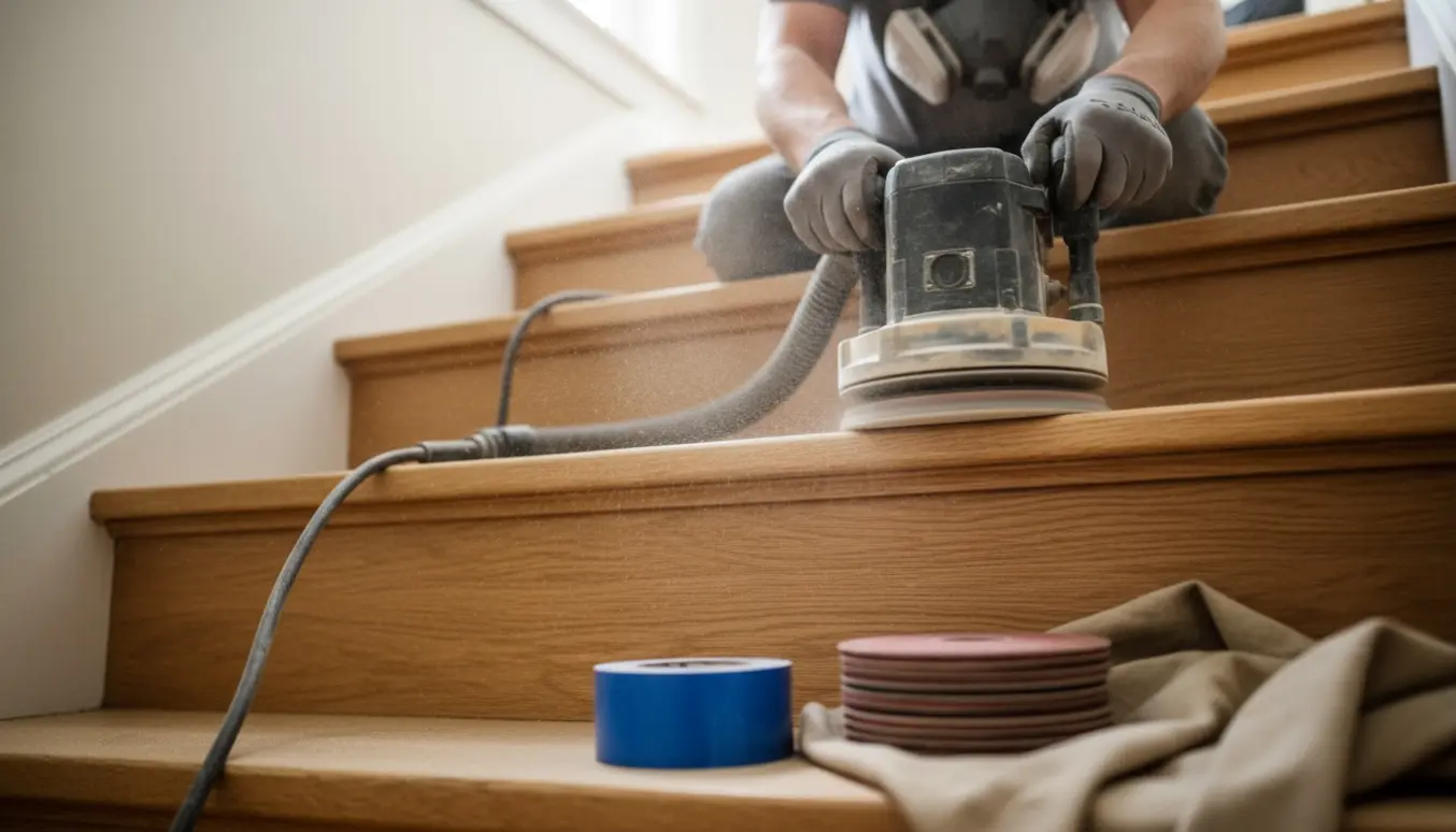 Nærbillede af en gulvsliber, der sliber en trætrappe med støvudsugning og beskyttelsesudstyr.