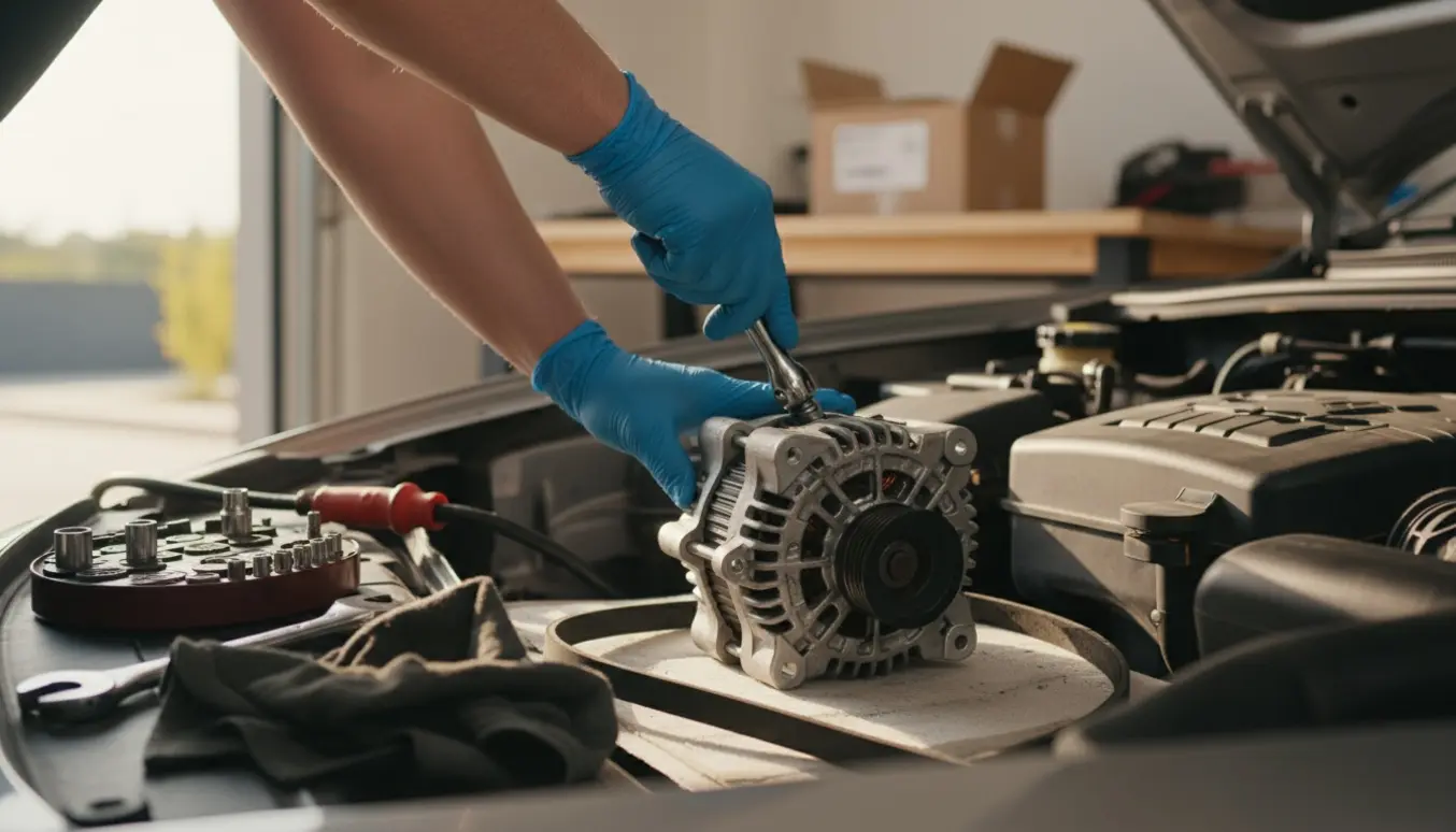 Hænder monterer en ny generator i en bils motorrum under udskiftning.