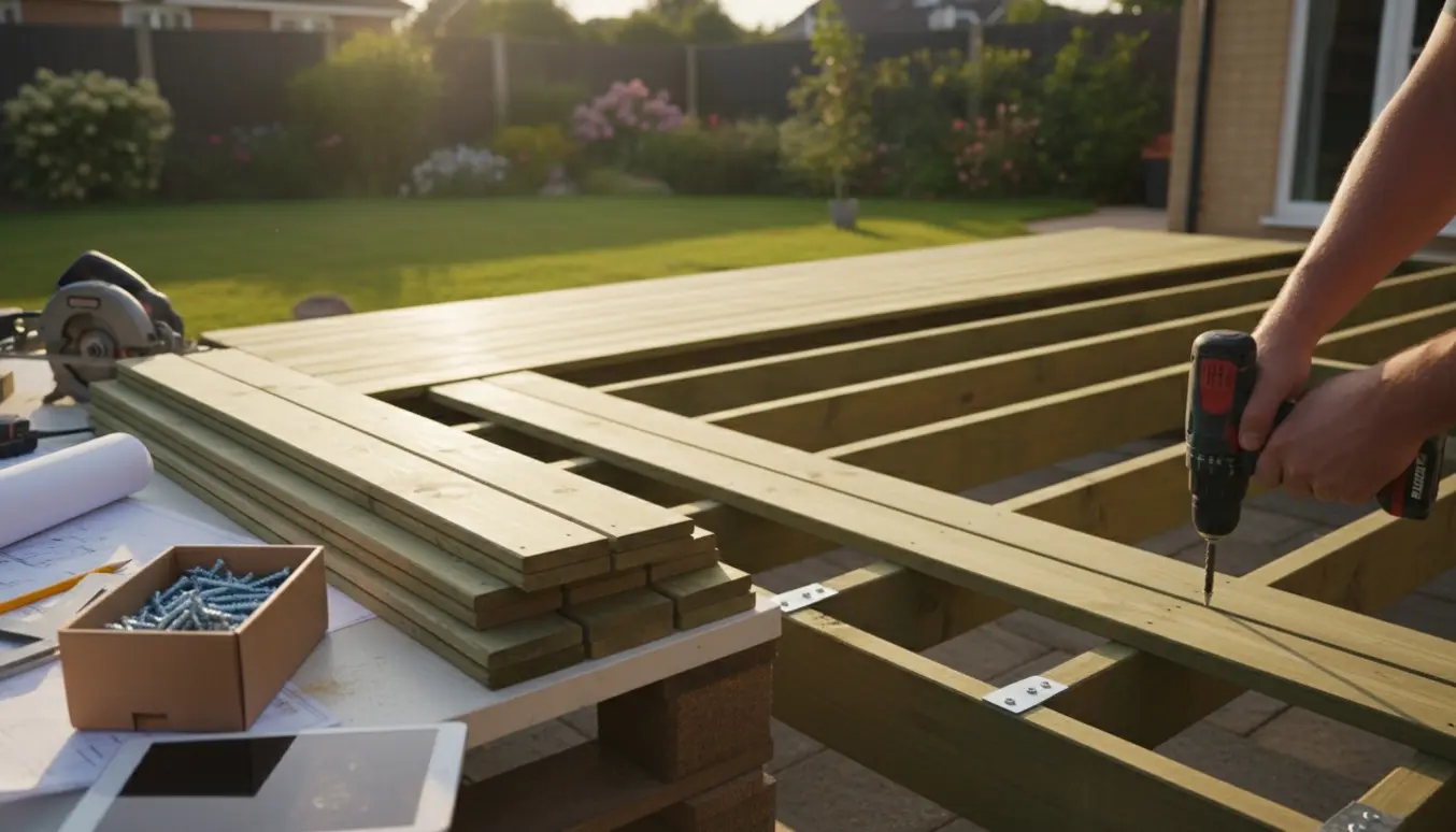 Delvist færdigbygget terrasse i trykimprægnet træ med værktøj og materialer klar til montering.