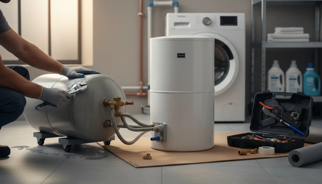 Udskiftning af el varmtvandsbeholder i et lyst bryggers med handsker og værktøj i fokus.