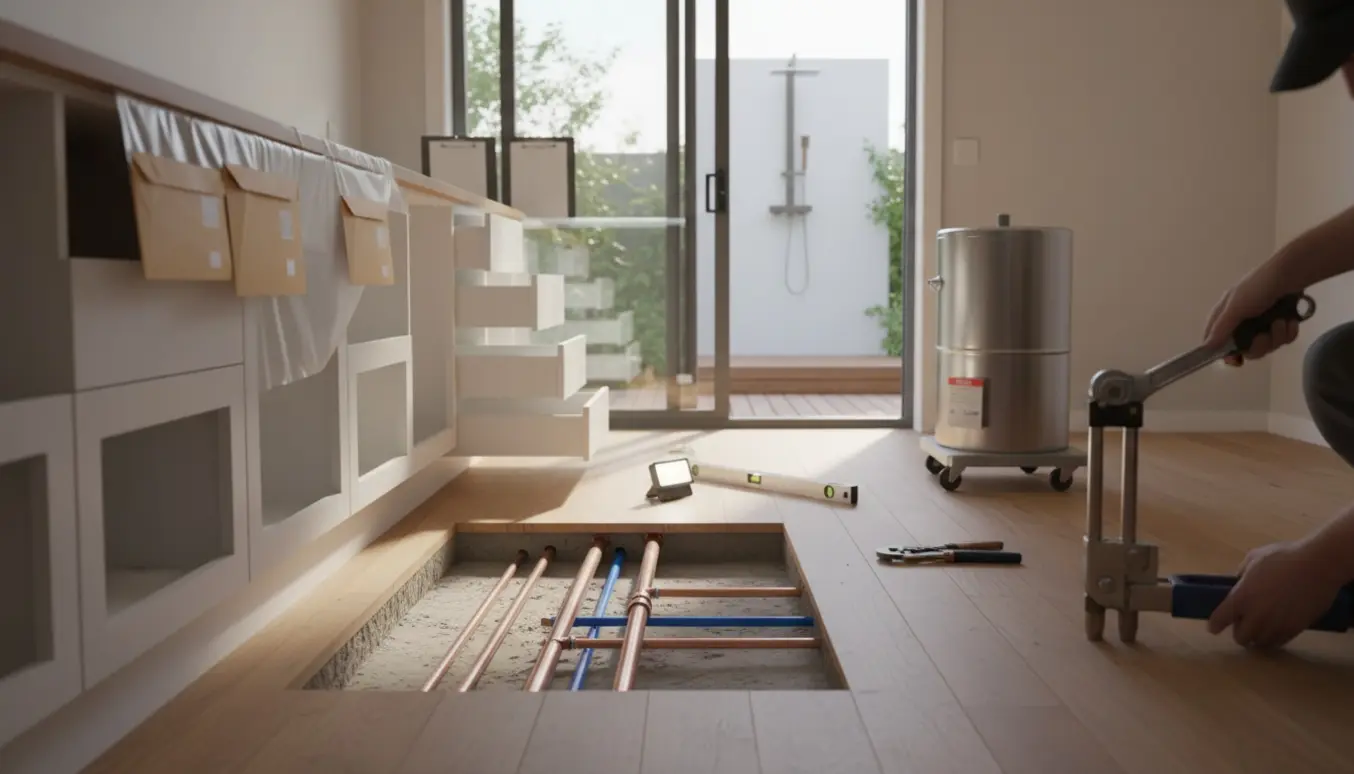 Køkkenrenovering med åbent gulv hvor nye vandrør lægges, varmtvandsbeholder og udeshower ses gennem terrassedøren.