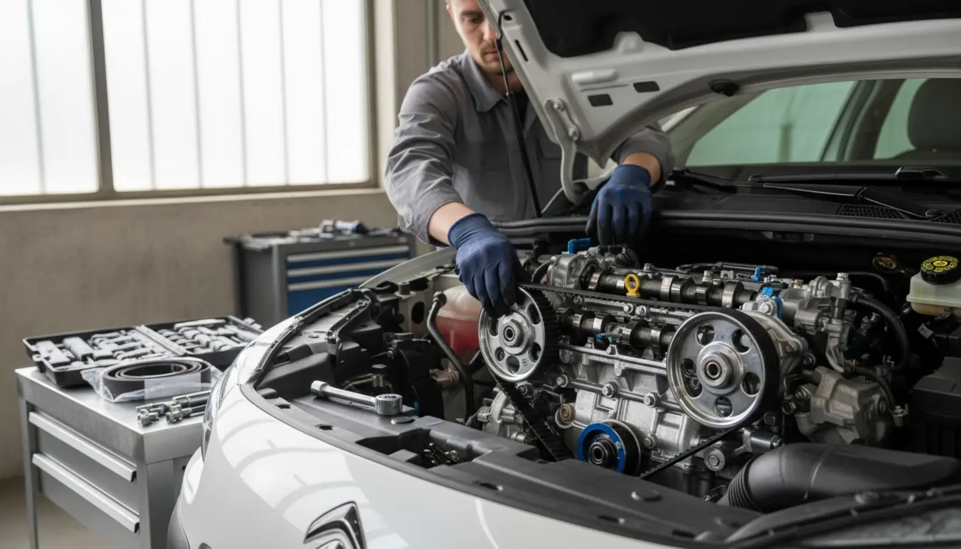 Mekaniker monterer en ny tandrem i en Citroën C4 Cactus Skyline med åben motorhjelm.