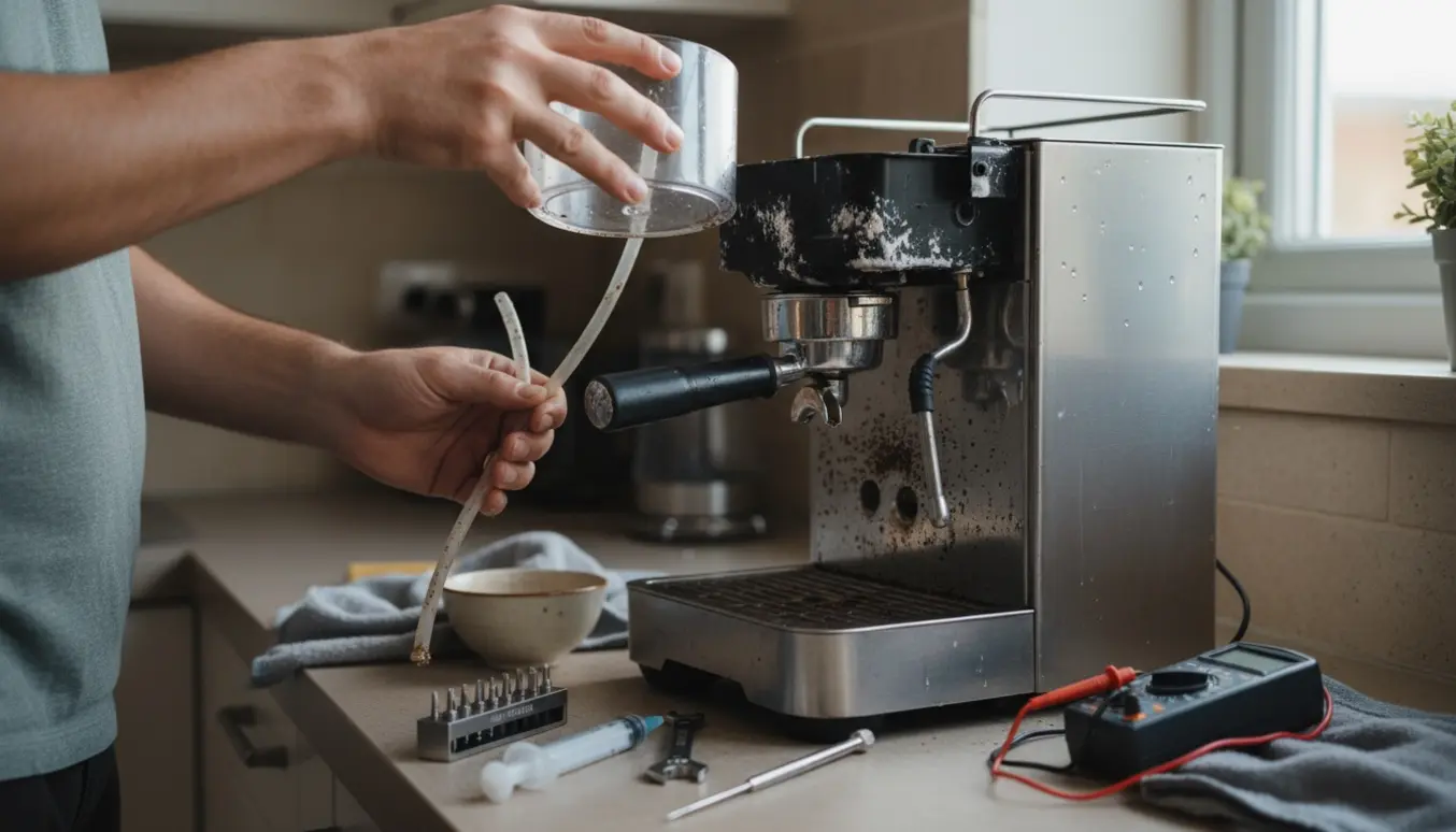 Hænder reparerer en espressomaskine på køkkenbordet med afkalkningsrester og værktøj.