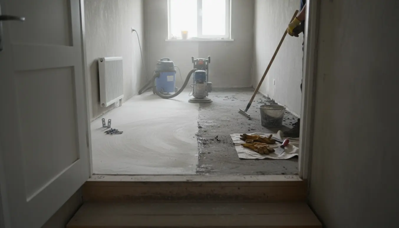 En gulvsliber fjerner sort lim fra et smalt bryggersgulv, så betonen fremstår rå og grå.