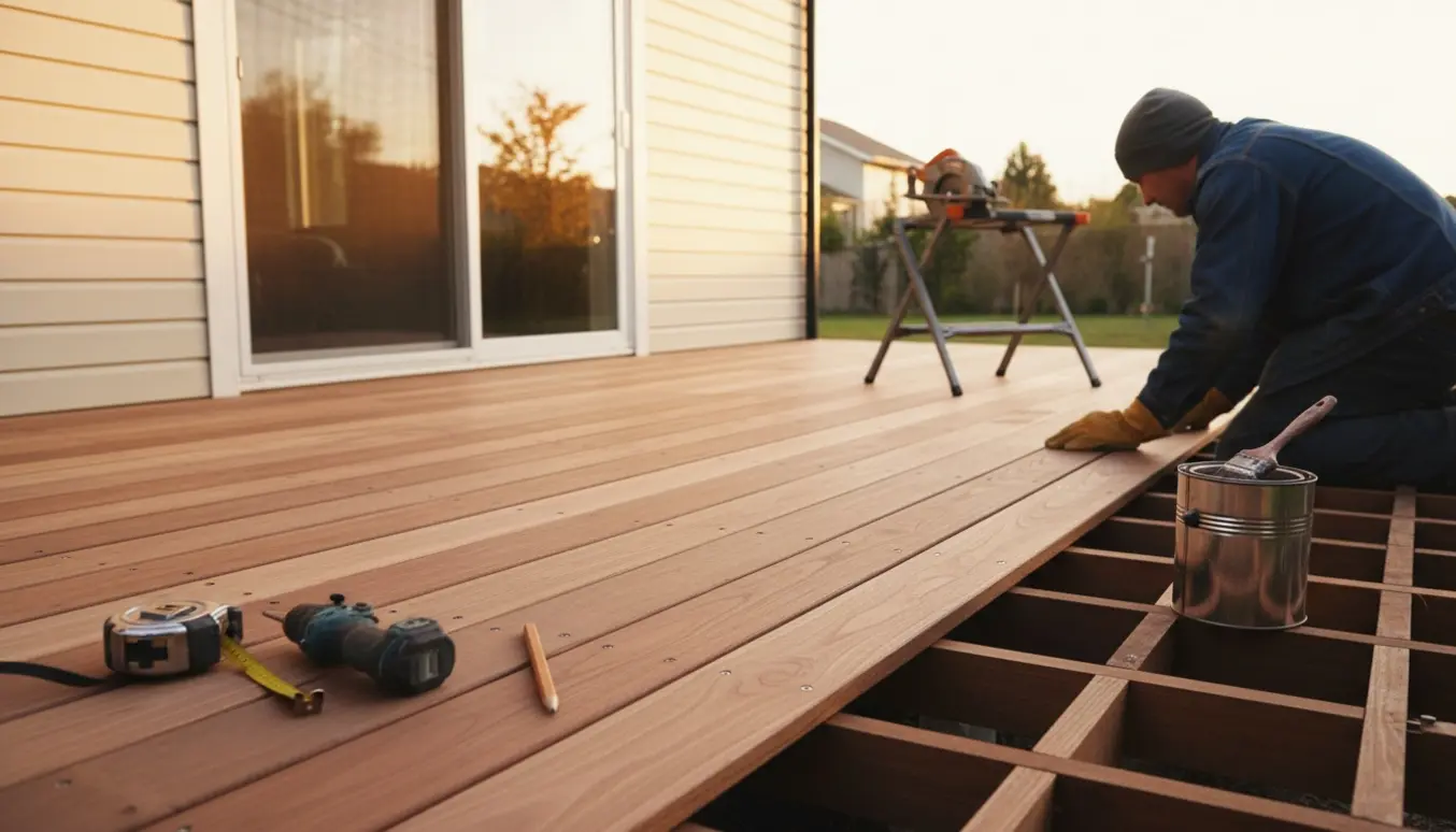 Ny træterrasse på ca. 20 kvm, ved husets bagside med værktøj og håndværker i baggrunden.