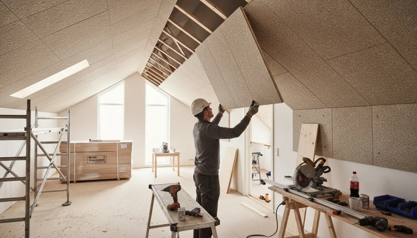 Montage af 60x120 Troldtekt loftplader på forskallingsbrædder i et opvarmet rum med stillads og værksted i baggrunden.