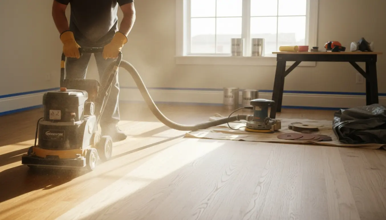 Nærbillede af en gulvsliber i et lyst rum, der sliber et trægulv med værktøj og efterbehandlingsmaterialer i baggrunden.