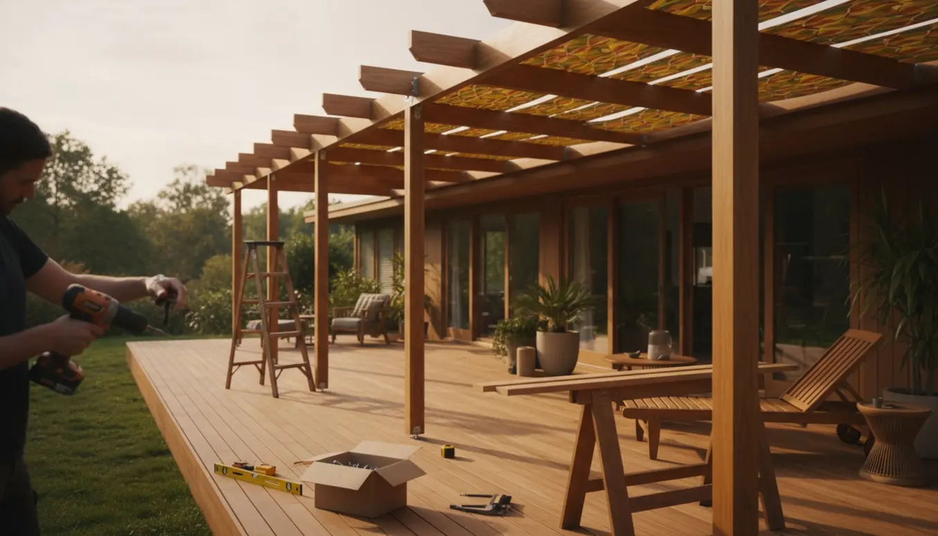 Opbygning af en 60'er-inspireret terrasseoverdækning med træbjælker, retro stof og håndværktøj.