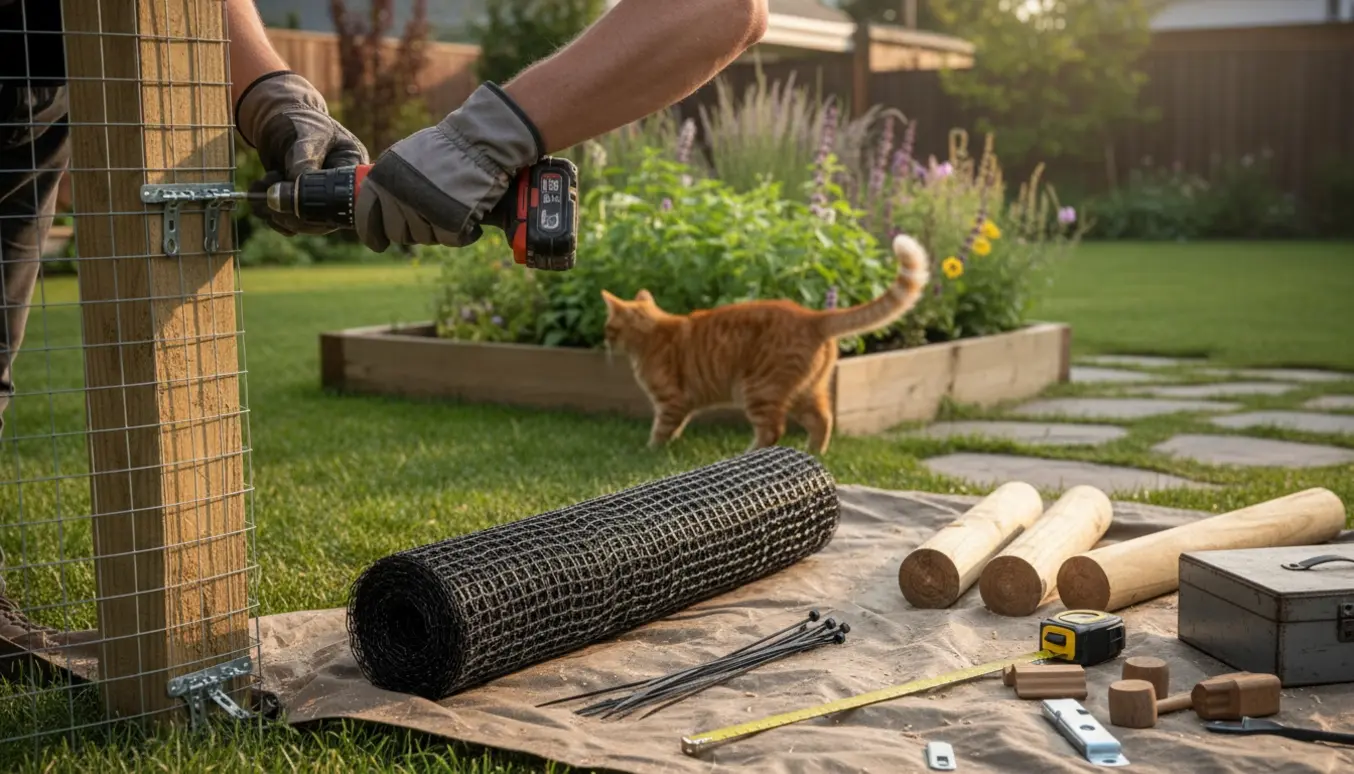 Nærbillede af hænder, der monterer kattesikret net på træstolper i en baghave med materialer lagt frem.