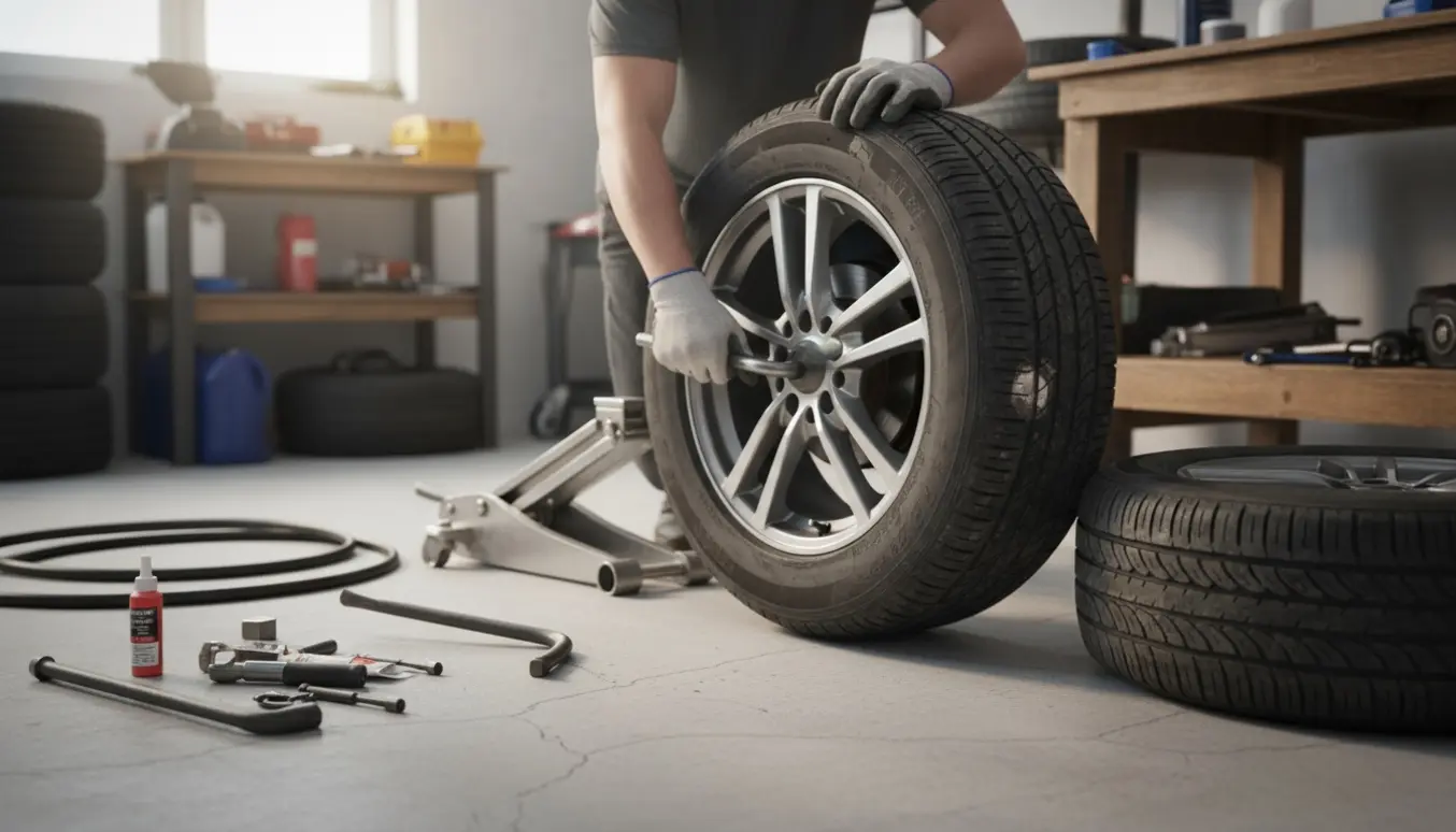 Nærbillede af hænder, der skifter og lapper et bilhjul med donkraft, dækjern og lapningskit i en garage.