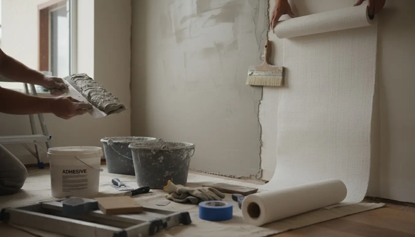 Nærbillede af en lille væg under fuldspartling og opsætning af filt med værktøj og beskyttelse.