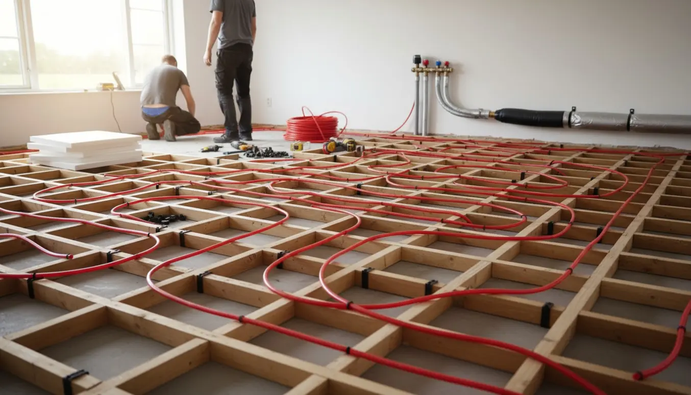 Værelse i etplanshus under renovering med vandbåren gulvvarme på strøer, synlige rør og et monteret fordelerskab.