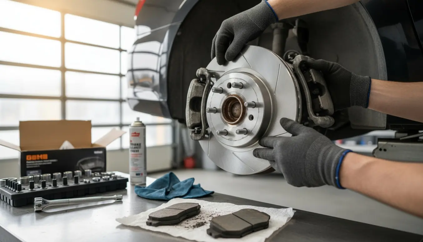 Mekaniker i handsker monterer nye bremseklodser og en bremseskive på en bil i et oplyst værksted.