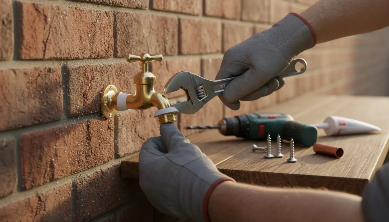 Nærbillede af hænder, der monterer en messing udendørs vandhane på en mur med skiftenøgle og Teflonbånd.
