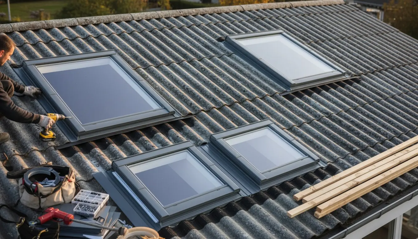 To side‑om‑side ovenlysvinduer og et mindre ovenlysvindue monteret i et bølgeeternittag med værktøj i forgrunden.