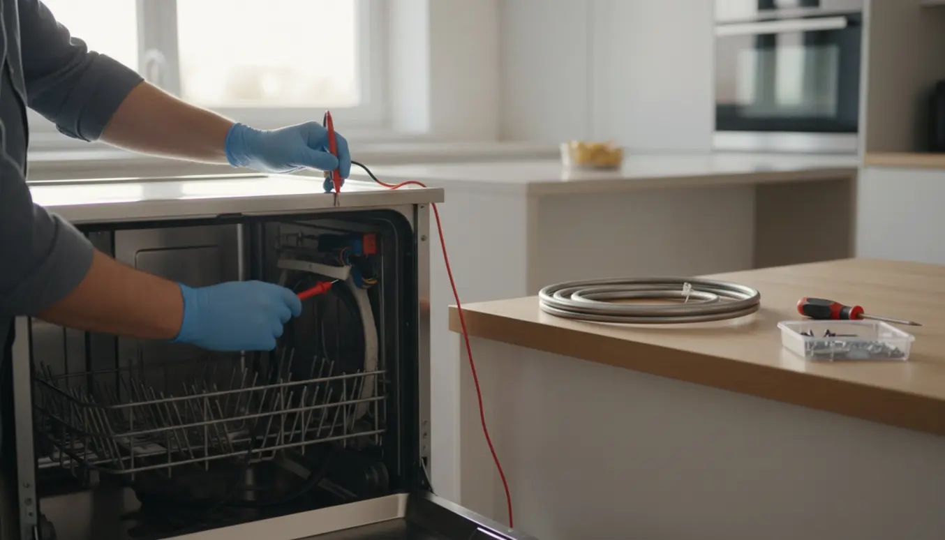 Hænder tester varmelegemet i en åben rustfri opvaskemaskine med multimeter og værktøj i et lyst køkken.