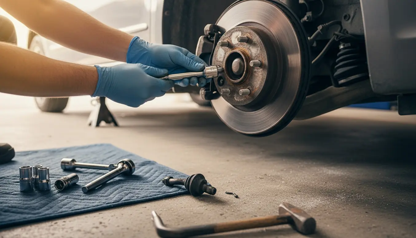 Nærbillede af udskiftning af styrekugle på højre forhjul med handsker og værktøj synlige.
