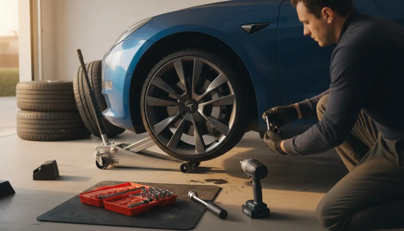 En Tesla Model 3 i garagen med et afmonteret hjul, sommerdæk og værktøj klar til hjulskift.