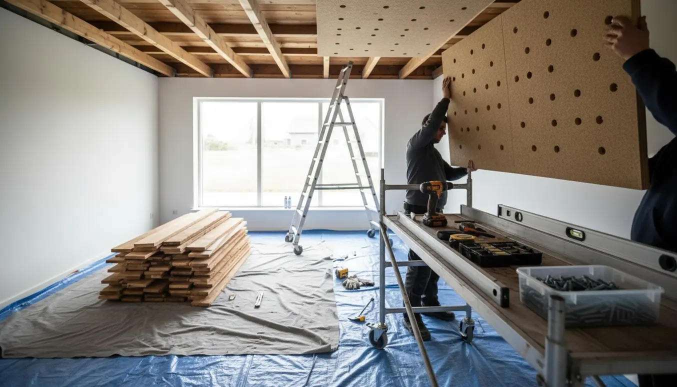 Montering af troldtekt-loft i stue efter nedtagning af træloft, med paneler, stige og værktøj i dagslys.