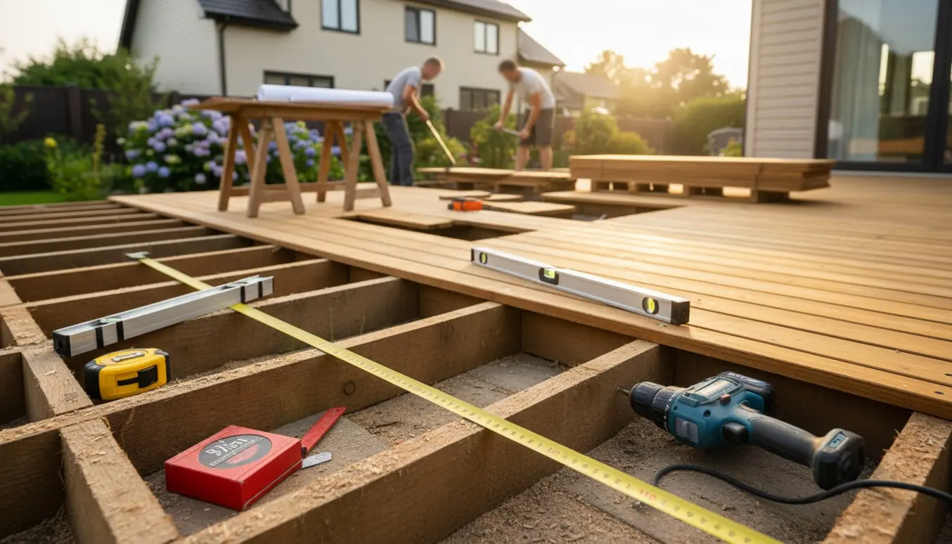 To personer fjerner en gammel halv terrasse og måler op til en ny træterrasse med værktøj og materialer stablet ved siden af.