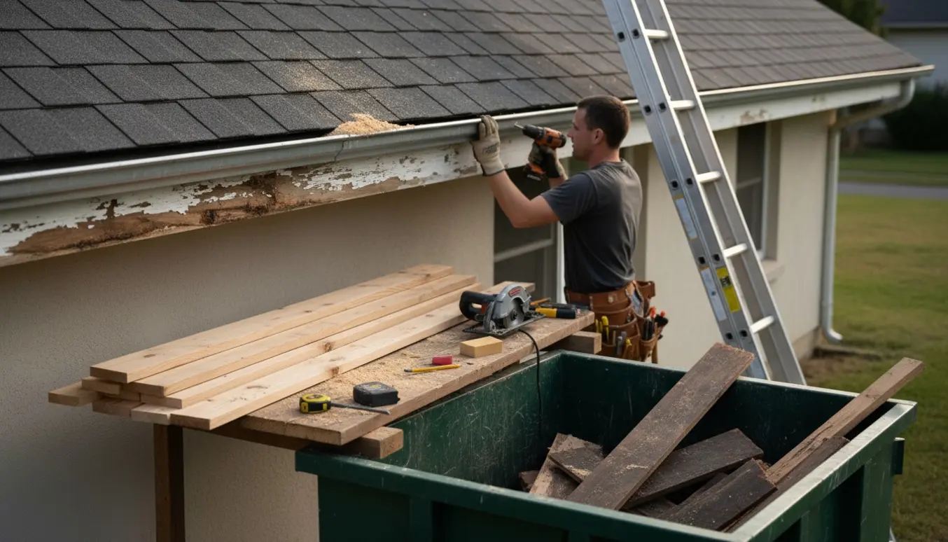 Tømrer udskifter sternbrædder ved tagrenden med nye træbrædder og en container til de gamle brædder.