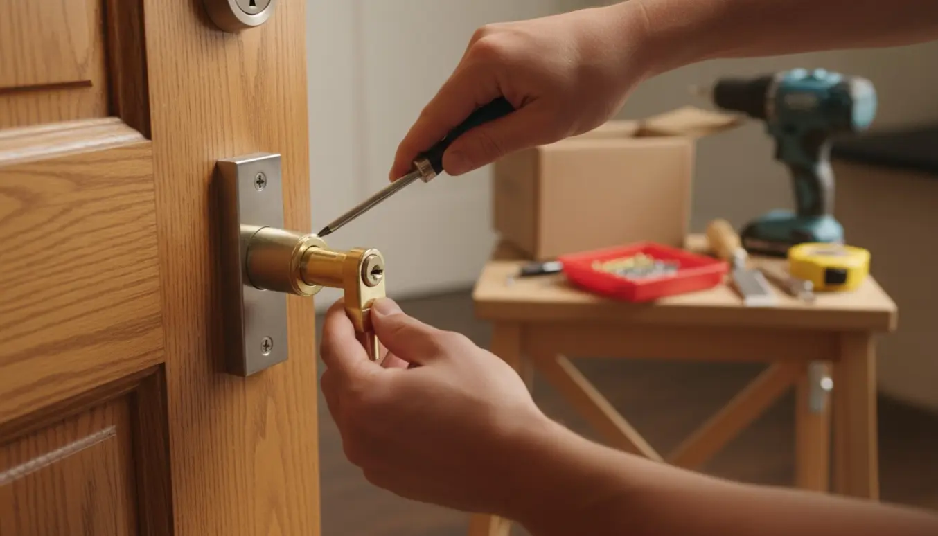 Nærbillede af hænder, der udskifter en lås på en trædør med skruetrækker og nyt låsesæt i blødt dagslys.