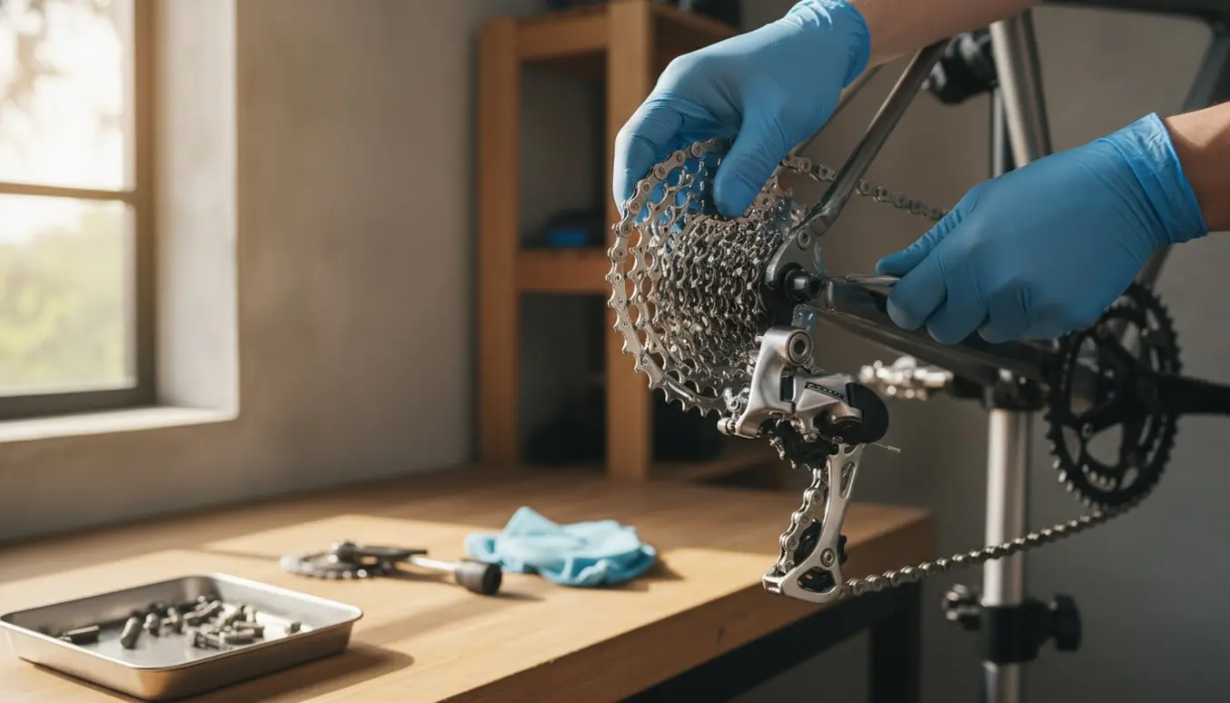 Hænder monterer nyt baggear på en cykel på et reparationsstativ i et lyst værksted.