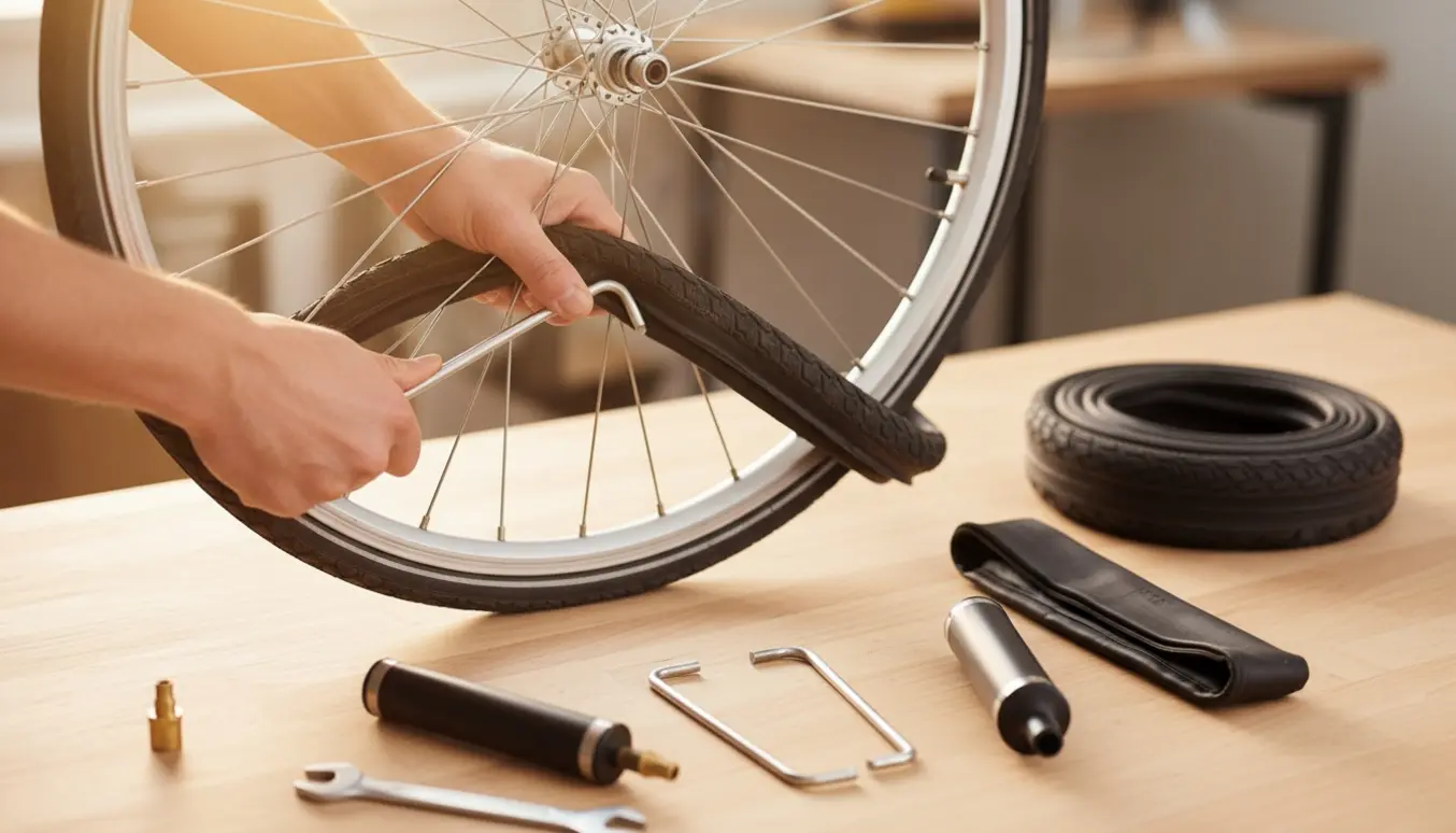 Nærbillede af udskiftning af dæk og slange på forhjulet af en almindelig cykel med nye reservedele og værktøj ved siden af.
