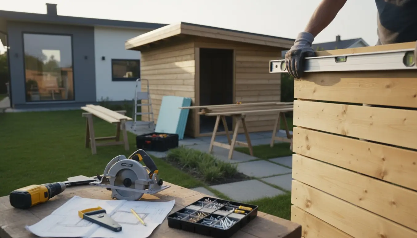 Moderne redskabsskur under opbygning i baghaven med værktøj og hænder, der monterer beklædning.
