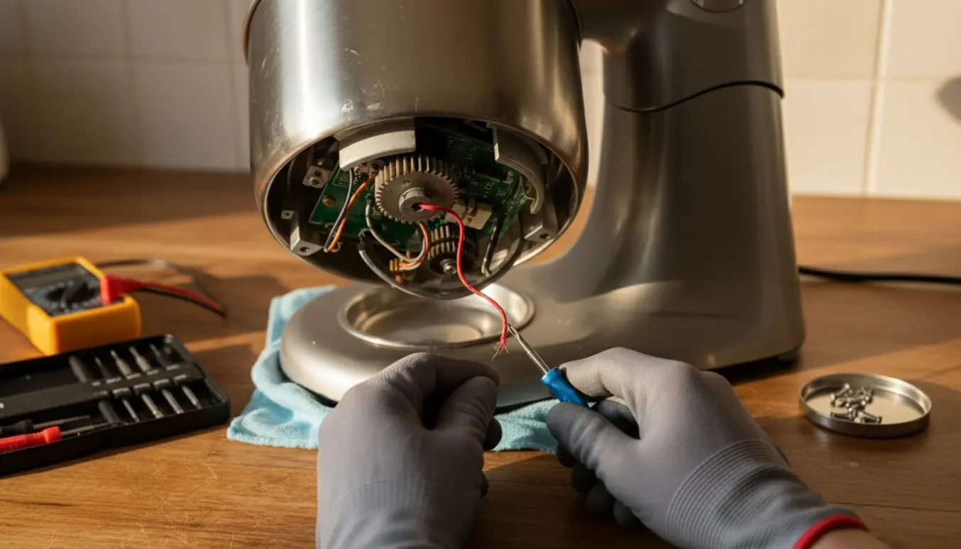 Tæt billede af hænder, der med en præcisionsskruetrækker løsner bunden på en Kenwood Chef XL Titanium for at rette en løs ledning.