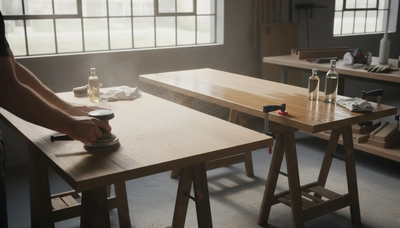 To limede egetræsbordplader på bukke, hvor hænder sliber og en sektion er nyolieret.