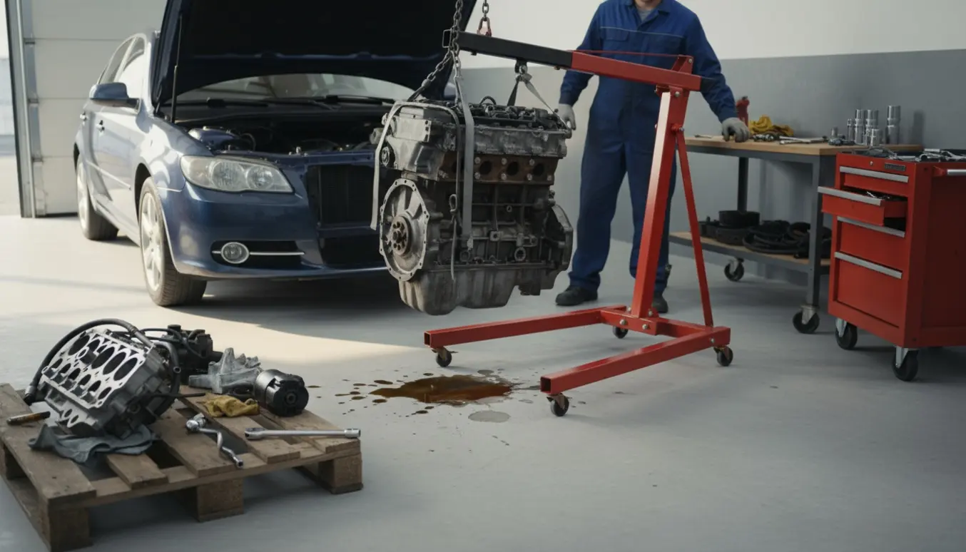 Motor løftes ud af en bil i en garage med værktøj og motorløfter.