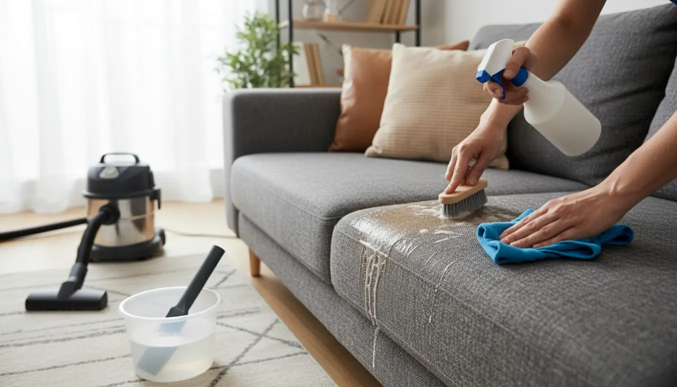 Nærbillede af hænder, der renser en plettet sofa med rengøringsmiddel, børste og mikrofiberklud i en lys stue.