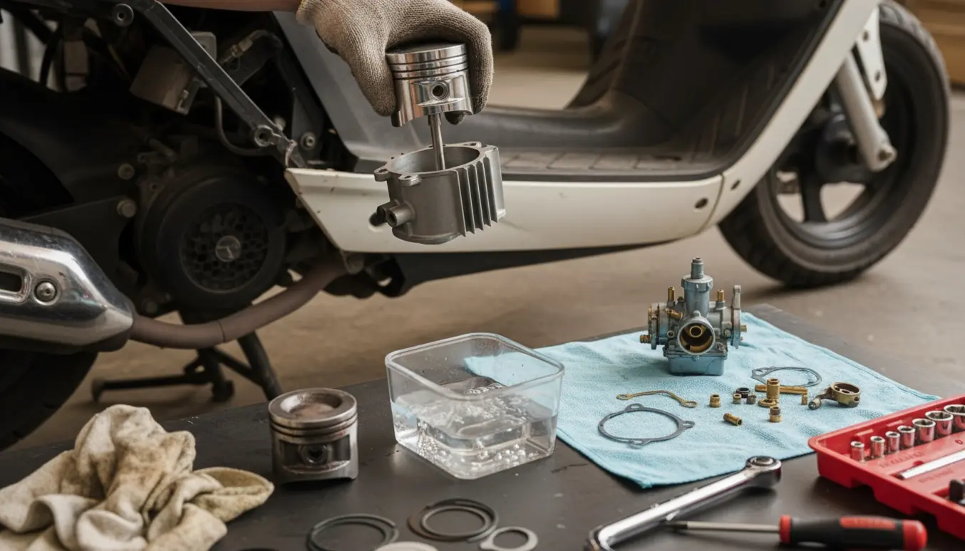 Handskerede hænder skifter cylinder og renser karburator på en scooter i et ryddeligt værksted.