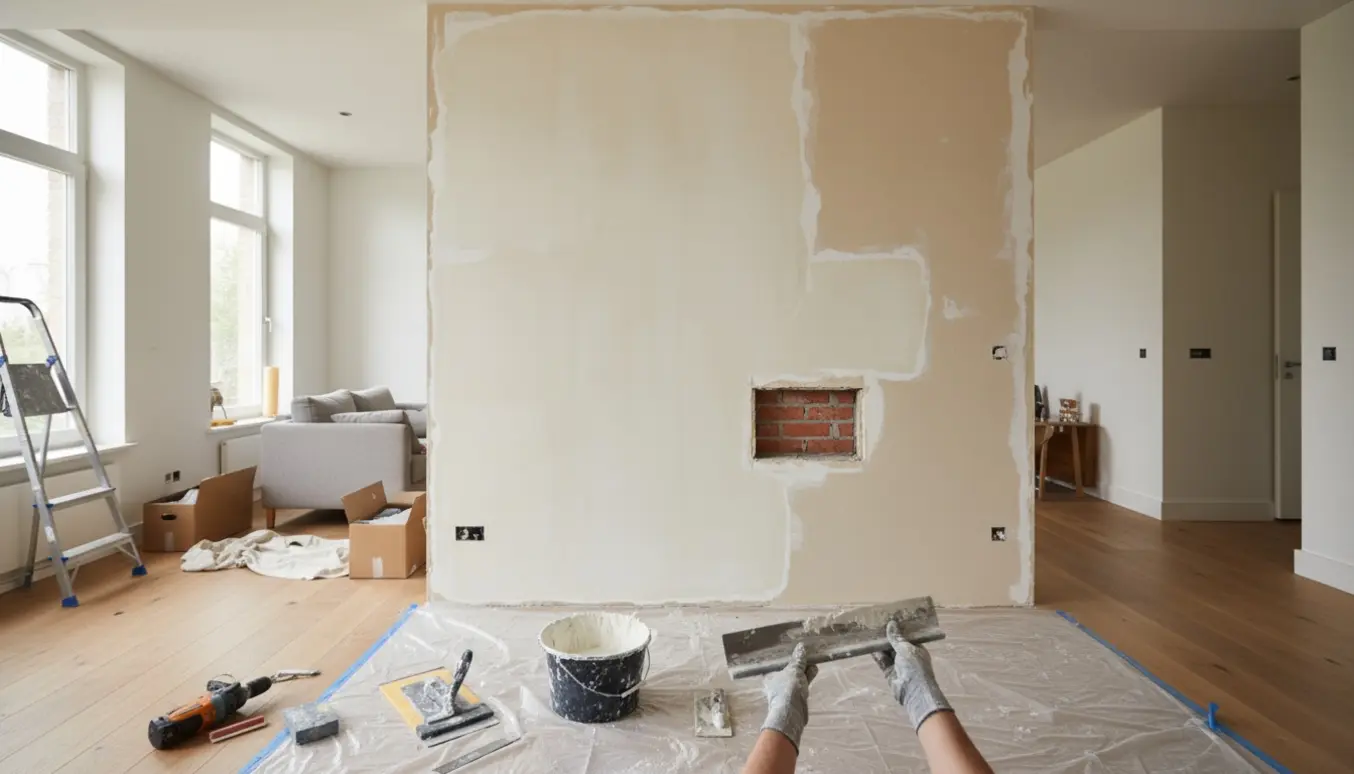Hænder fuldspartler og filter en væg i et lyst stue- og køkkenalrum med værktøj og afdækning, hul ved skorsten ses.
