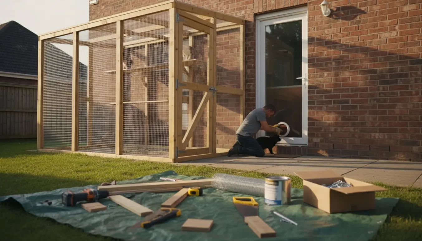 Stor kattevoliere ved husets bagdør med trælåge, netdækning på toppen og kattelem.