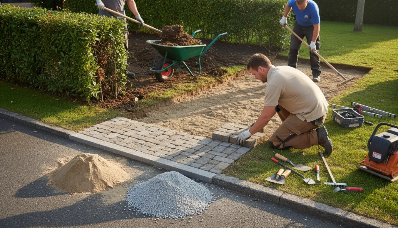 Håndværkere fjerner hæk, lægger stabilgrus og placerer herregårdssten til en ny parkeringsplads.