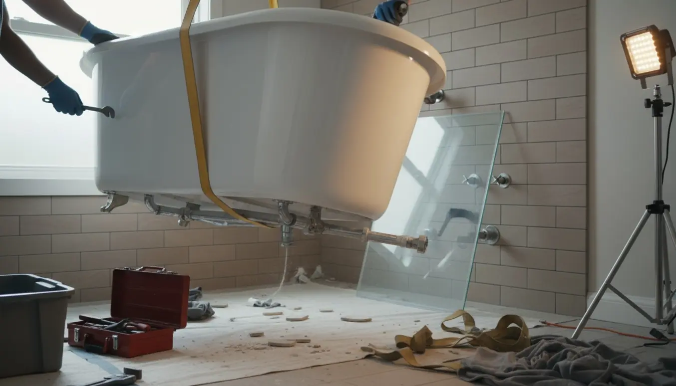 Hænder i handsker fjerner en bruserdør og løfter et badekar ud under badeværelsesrenovering.